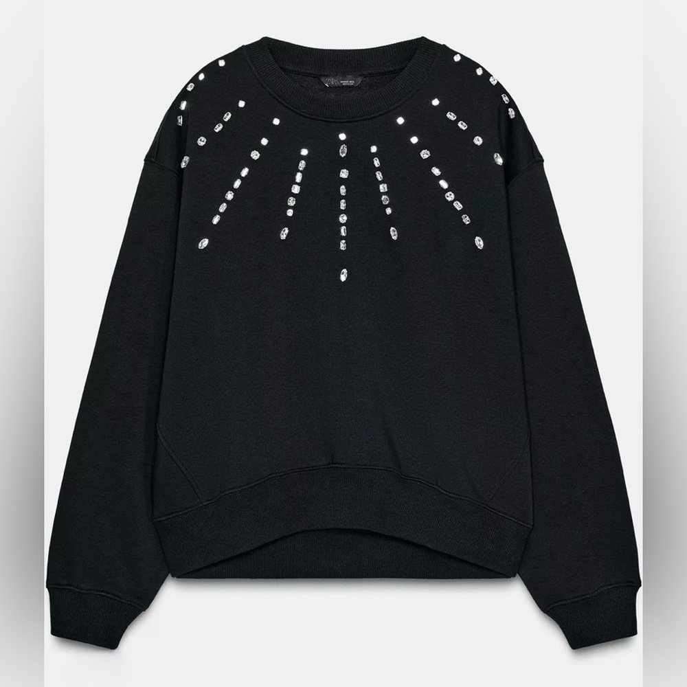 Zara Black Sweatshirt With Rhinestone Embellishments | NWT | L | Oversized